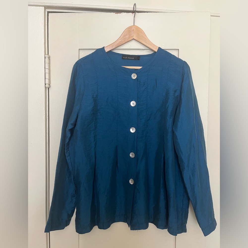 Cut Loose | Blue Collarless Button Down Blouse Size Small